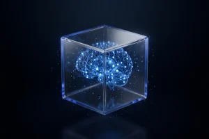 Glowing blue network shaped like a brain inside a glass cube