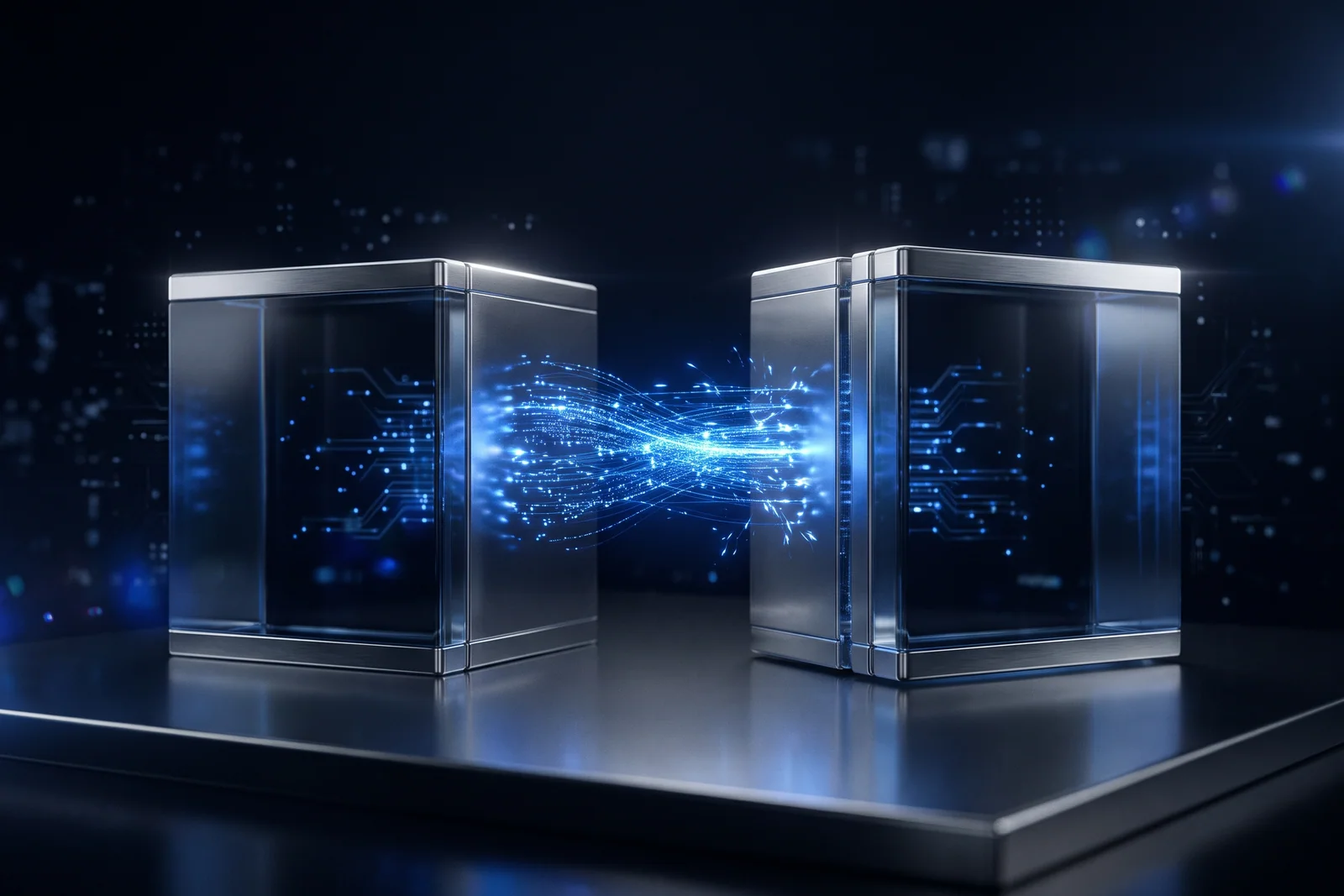 Two glass blocks connected by a bridge of blue light