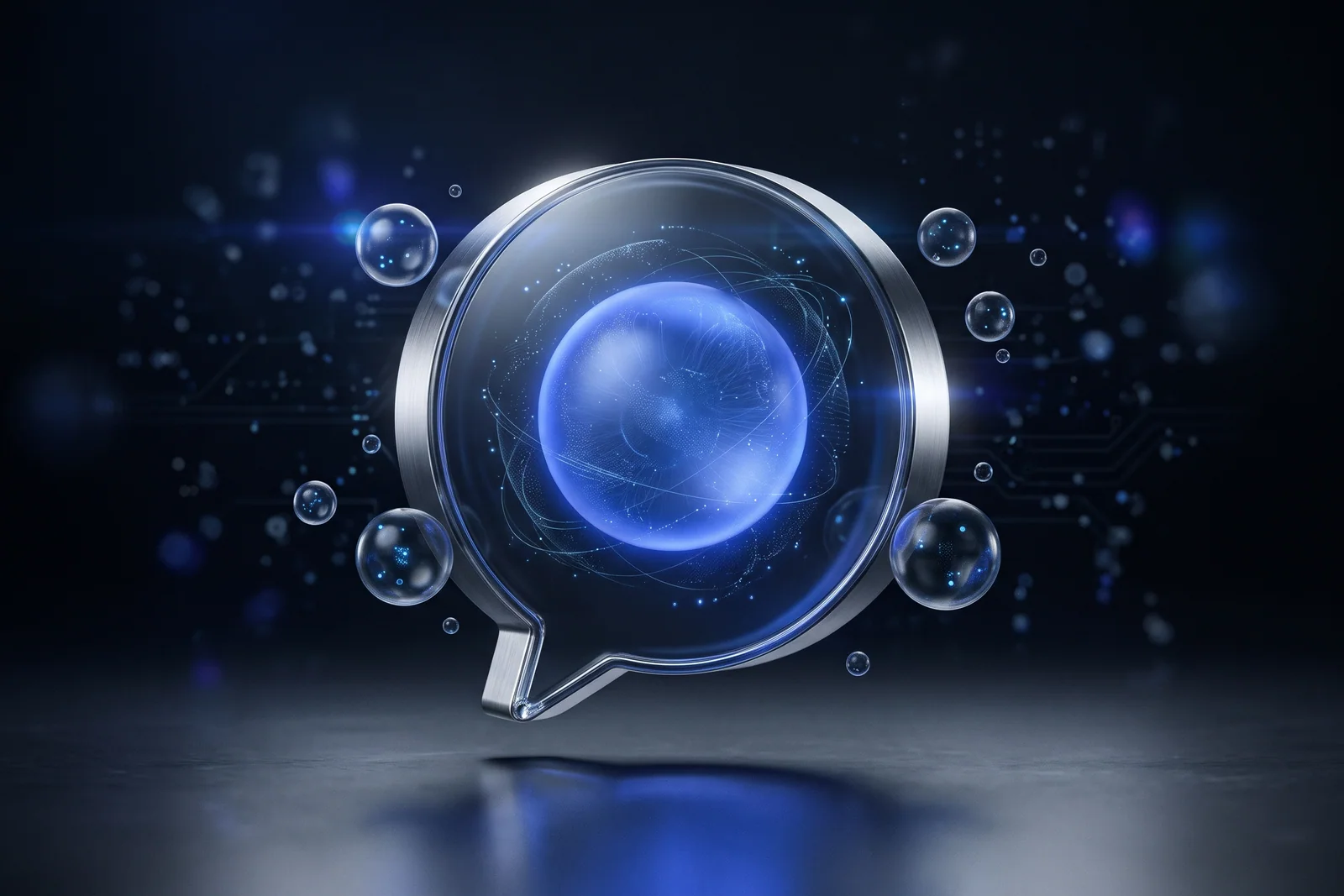 Glass speech bubble with a glowing blue orb