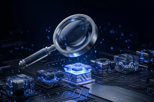Magnifying glass over a row of glowing building blocks