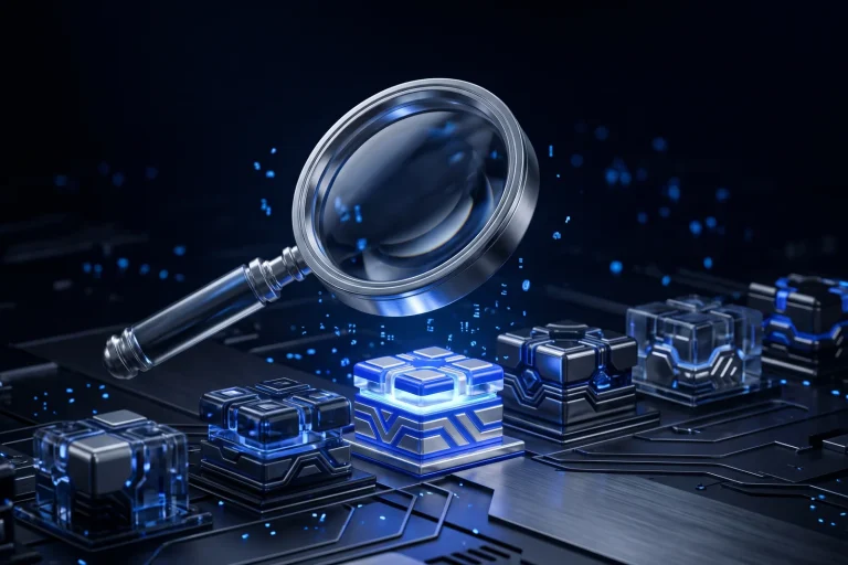 Magnifying glass over a row of glowing building blocks