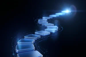Glowing glass steps rising along a winding path
