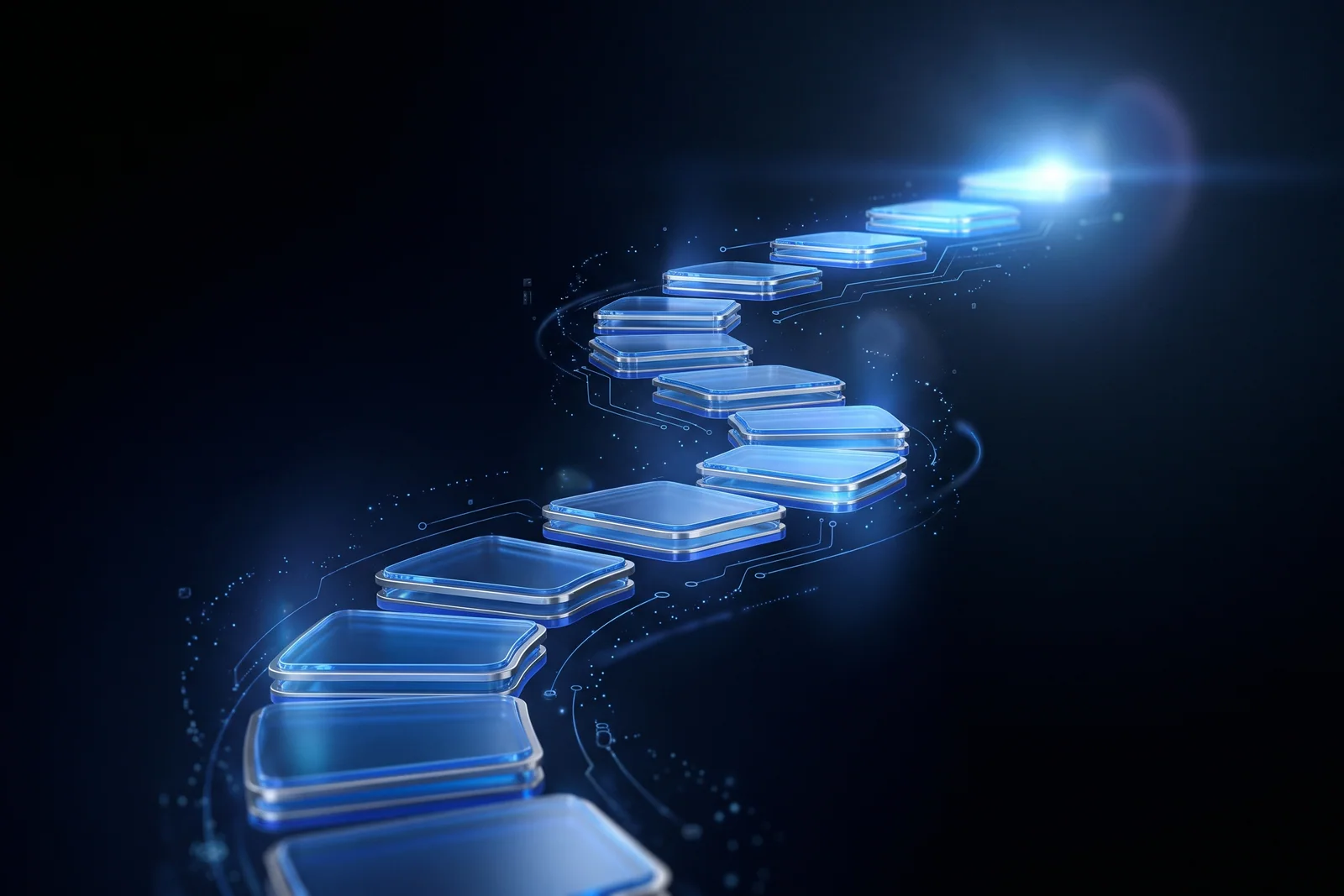Glowing glass steps rising along a winding path
