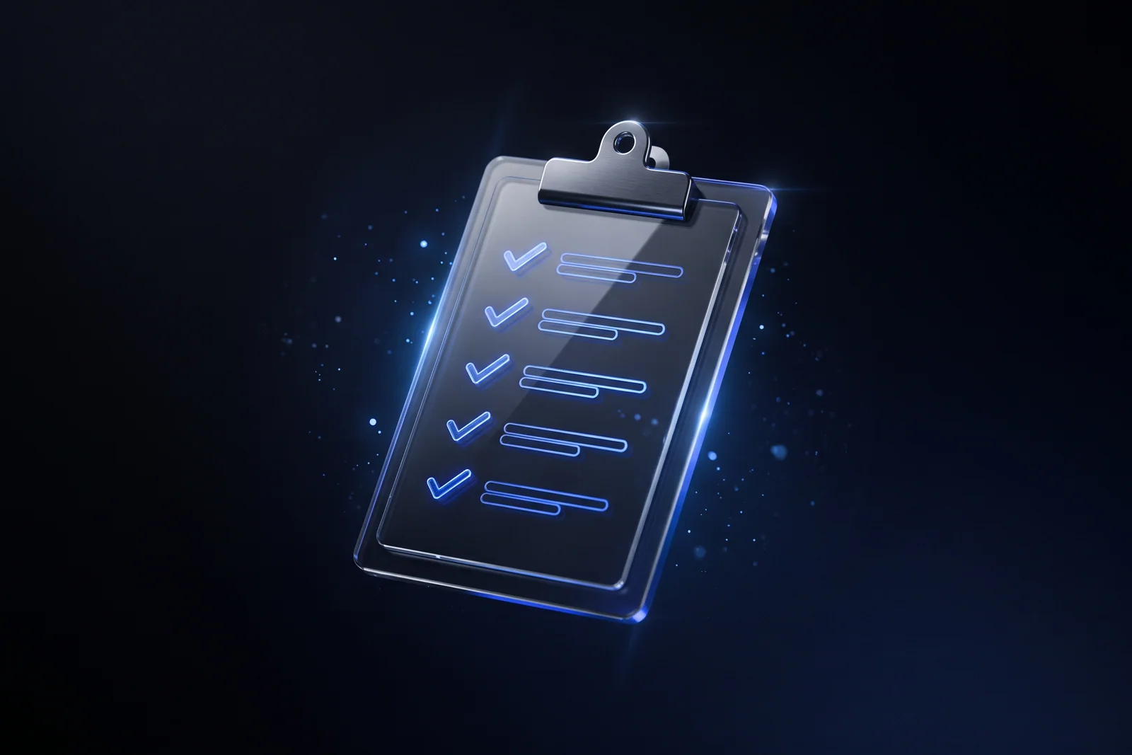 Glass clipboard with a glowing blue checklist