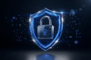 Glass padlock inside a glowing blue shield