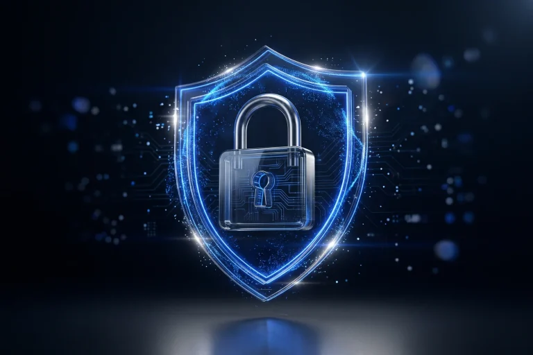 Glass padlock inside a glowing blue shield