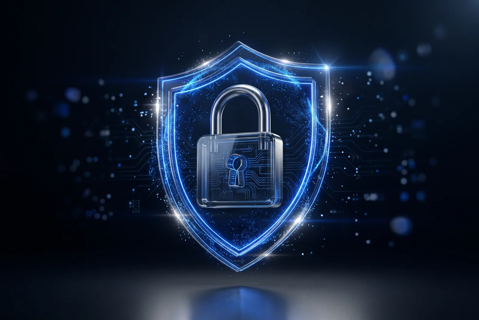 Glass padlock inside a glowing blue shield