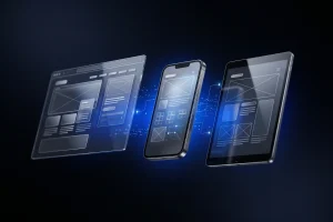 Browser window, smartphone and tablet shown as glass panels
