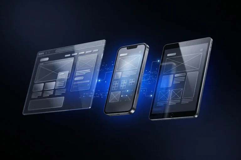Browser window, smartphone and tablet shown as glass panels