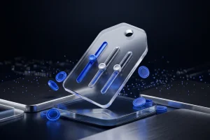 Glass price tag with slider bars and blue coins