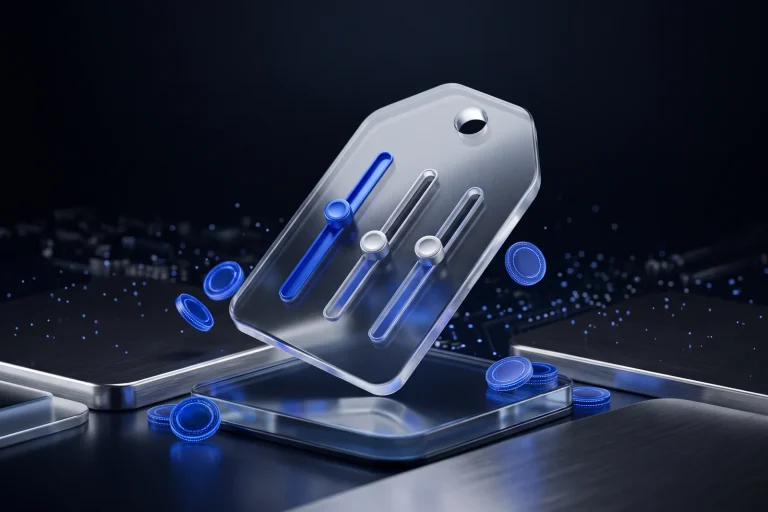 Glass price tag with slider bars and blue coins